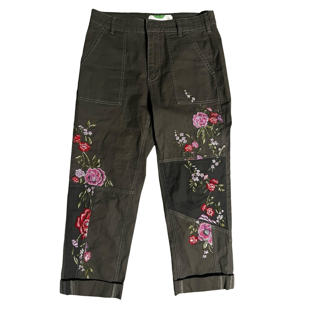 Anthropologie Floral Embroidered Utility Pants Olive Green Straight Leg Size 28